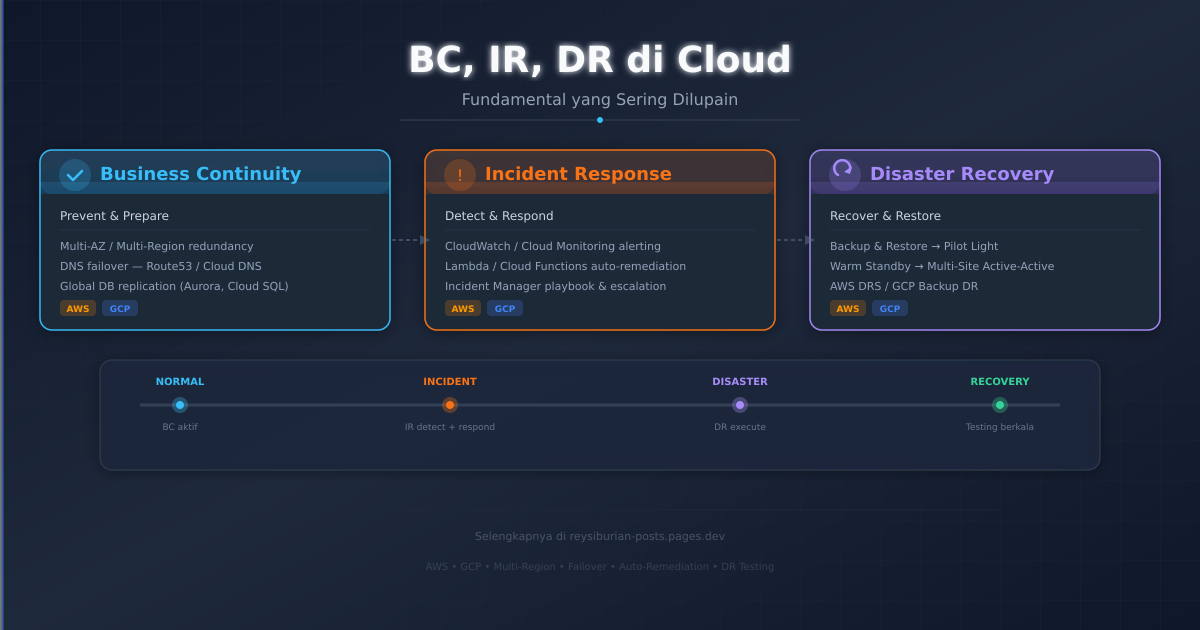 Ilustrasi konsep Business Continuity, Incident Response, dan Disaster Recovery di AWS dan GCP
