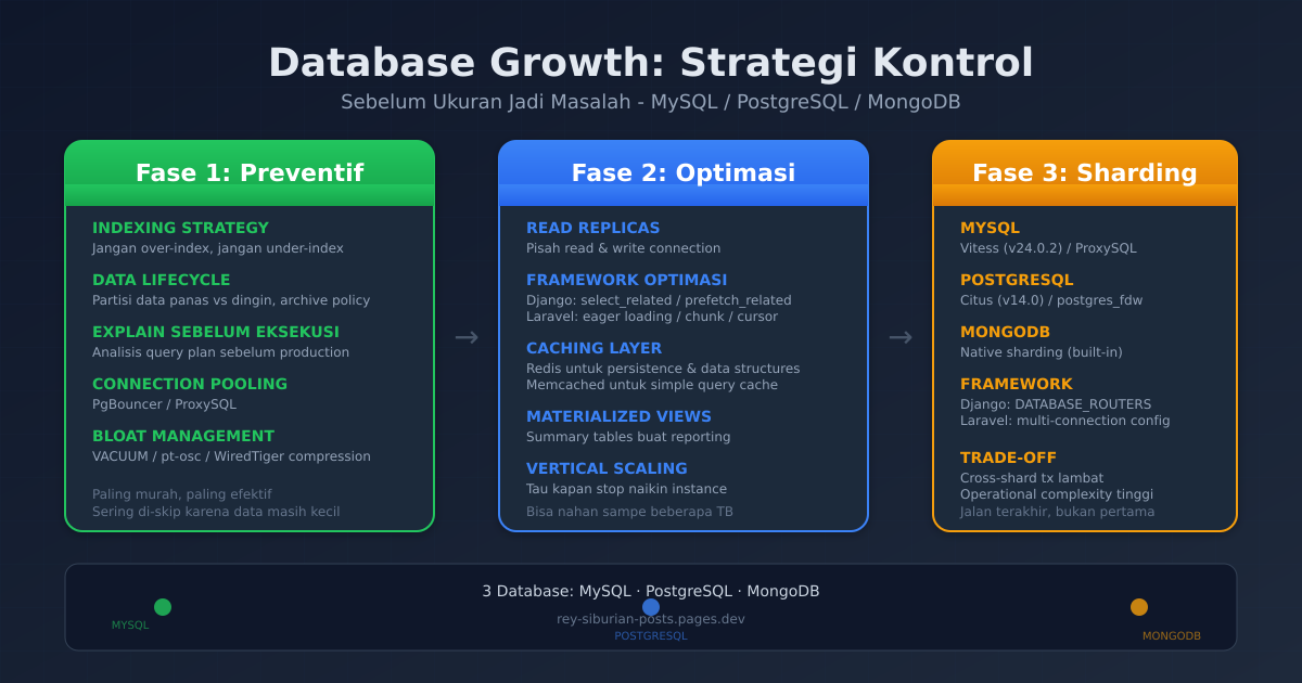 Ilustrasi fase pertumbuhan database dari kecil sampai perlu sharding
