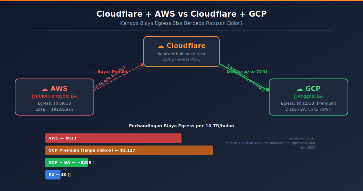 Ilustrasi perbandingan biaya egress Cloudflare + AWS vs Cloudflare + GCP